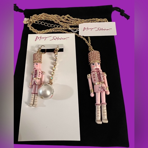 Betsey Johnson Pink Nutcracker & Ball Rhinestone Pendant Necklace & Earrings set - Picture 1 of 16